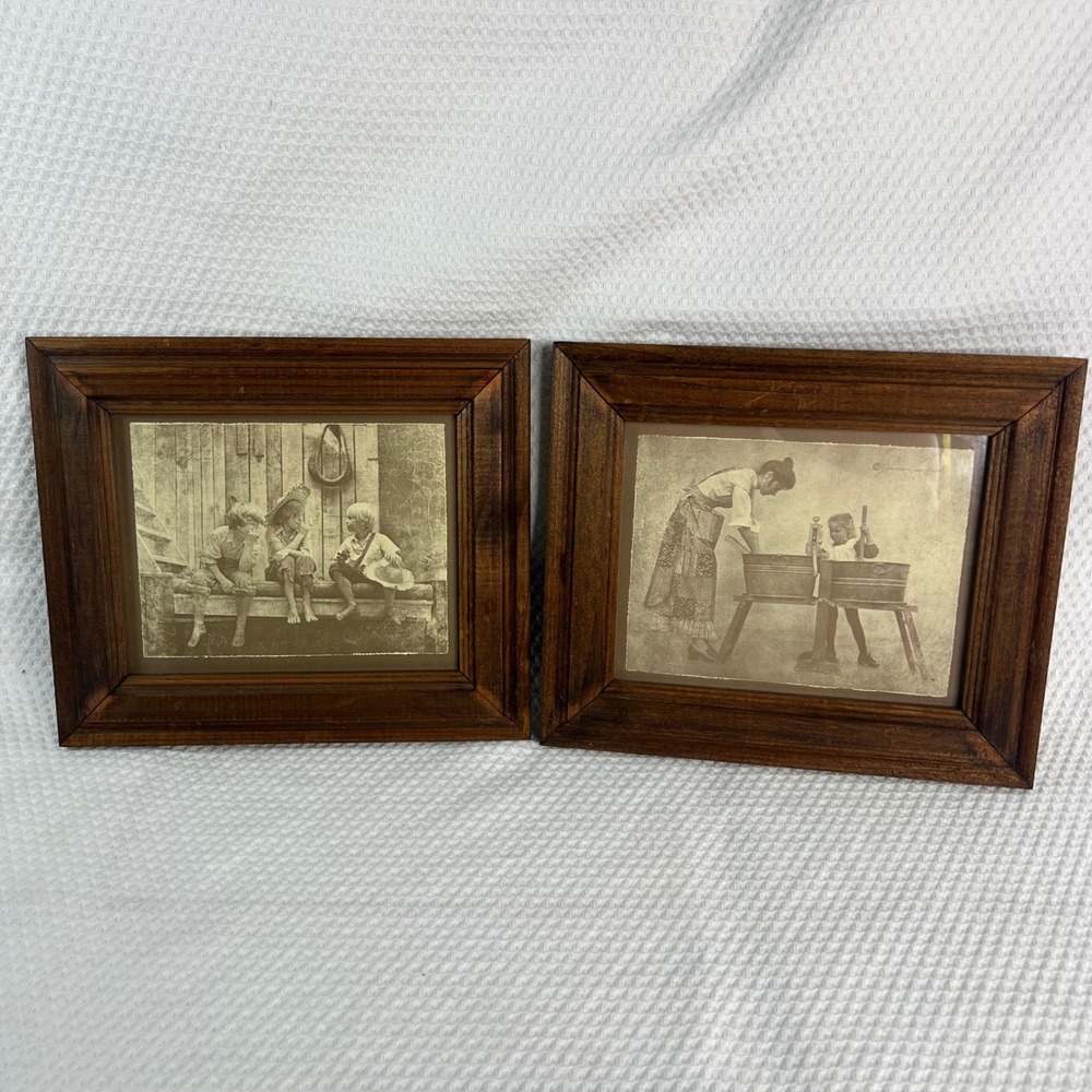 2 VTG R. Hendrickson Sepia Art Prints Rustic Wood Frames Americana 10"x8.5"
